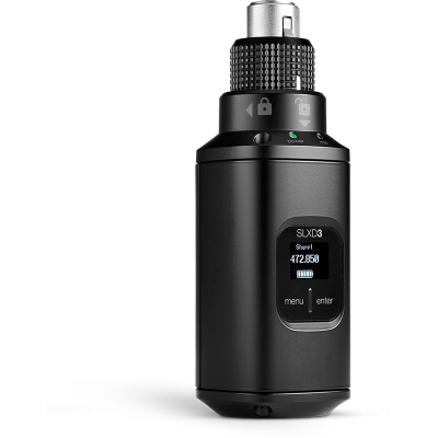 Dispositivo eletrónico preto com ecrã digital e conector XLR