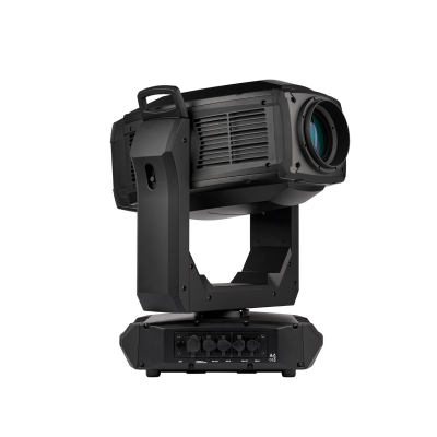 Projetor profissional preto com lente grande e base retangular, fundo branco