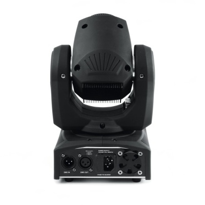 Luz de palco móvel preta com conectores DMX e botões na parte traseira