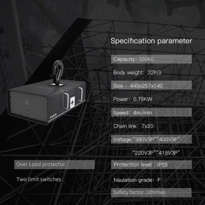 Guincho elétrico preto com gancho e especificações técnicas em fundo preto