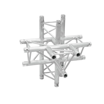 Estrutura metálica de alumínio prateado com tubos cilíndricos e conexões em cruz