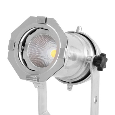 Refletor metálico prateado com lente octogonal e suporte ajustável