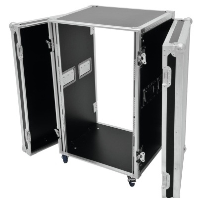 Mala rígida preta aberta com estrutura metálica prateada e rodas azuis