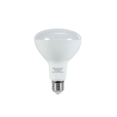 Lâmpada branca tipo reflectora com base metálica sobre fundo branco