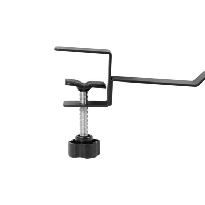 Suporte metálico preto com parafuso de aperto manual em fundo branco