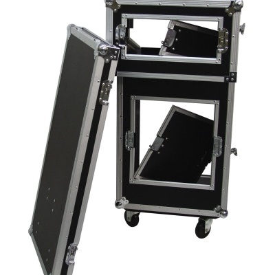 Mala de transporte profissional preta com roda e tampa removida