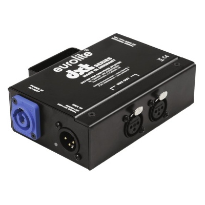 Interface de áudio Evolve D-44 com conexões XLR e tomada azul sobre fundo branco