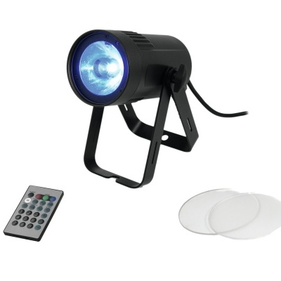 Projetor LED preto com luz azul, comando remoto colorido e filtros redondos brancos