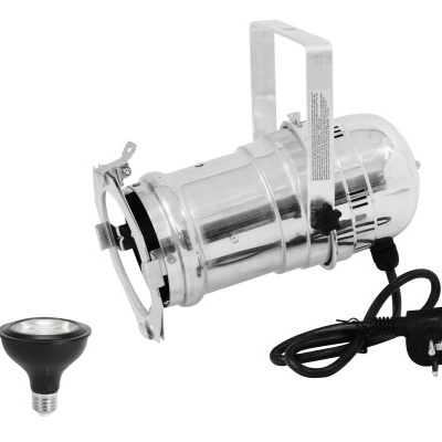 Projetor metálico prateado com peça preta e cabo de alimentação