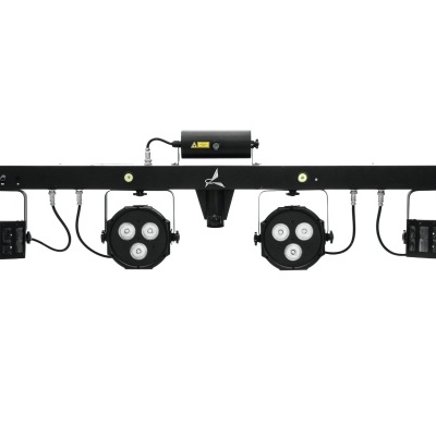 Iluminação para eventos com estrutura metálica preta e quatro focos LED redondos