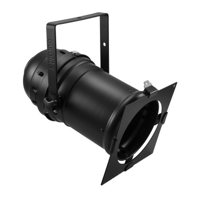 Projetor de luz cênica preto com suporte ajustável e aletas frontais