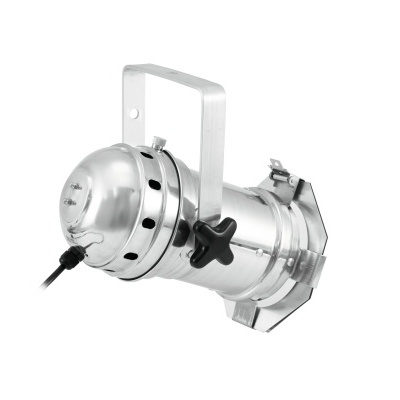 Refletor de luz metálico prateado com alça e cabo elétrico