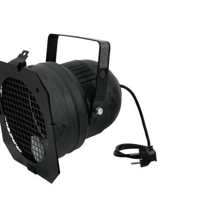 Refletor ou luz de palco preto com grelha frontal e cabo elétrico