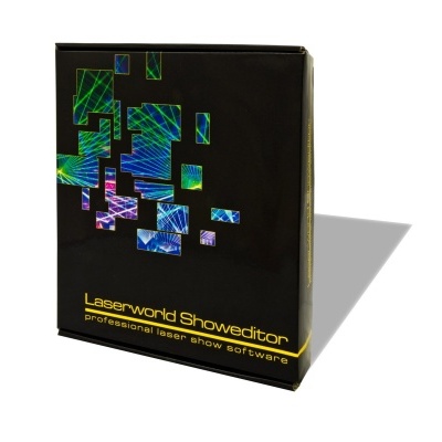 Caixa preta de software Laserworld Showeditor com design colorido e texto amarelo
