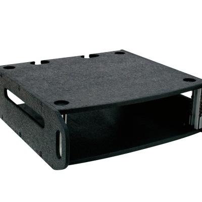 Suporte cinzento escuro para equipamentos eletrónicos com aberturas laterais e buracos circulares