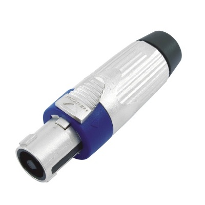 Conector macho metálico azul e preto para cabos de áudio ou vídeo