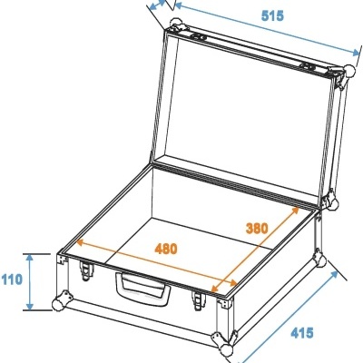 Mala aberta cinza com medidas detalhadas em milímetros