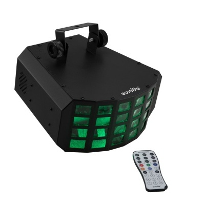 Luz de palco preta com lentes verdes e comando remoto branco