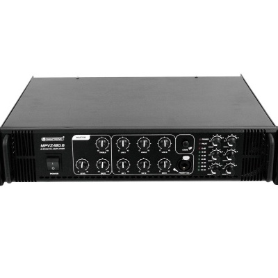 Amplificador de potência Heaco modelo HPV-2100-D preto com botões giratórios e botão liga/desliga