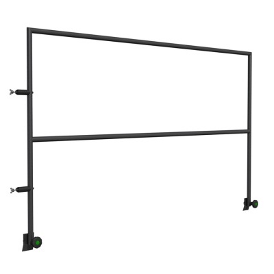 Estrutura metálica preta retangular com botões verdes e rodas