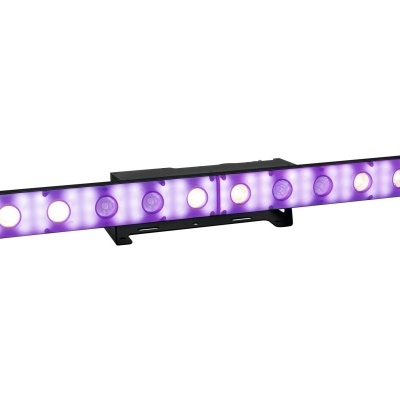Barra de luz LED violeta e branca numa base preta