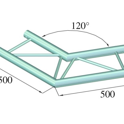 Estrutura metálica tubular azul claro em ângulo com suportes triangulares e medidas 500x500 mm