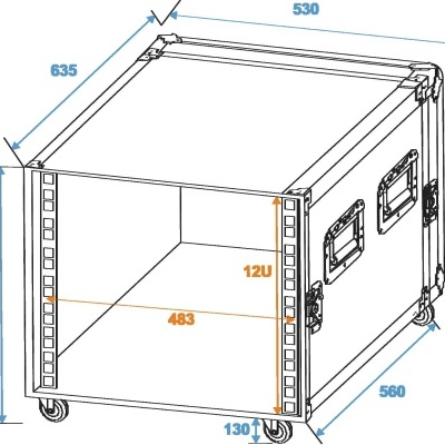 Desenho técnico de um rack de equipamento com dimensões detalhadas em milímetros.