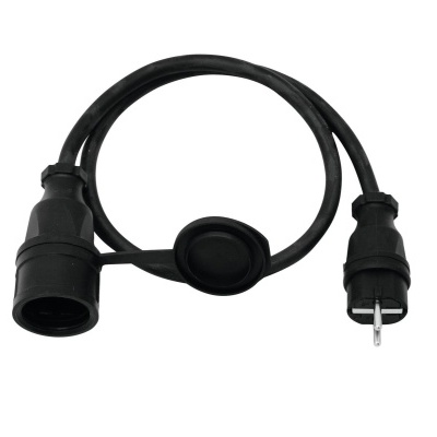 Extensão elétrica preta com ficha macho e ficha fêmea com tampa