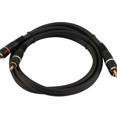 Cabo áudio RCA para jack 3.5 mm preto com detalhes vermelhos e brancos