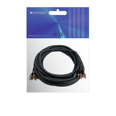 Cabo áudio com conectores RCA e embalagem azul e branca