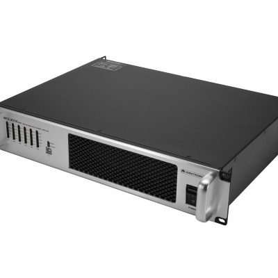 Amplificador áudio rack preto e cinza com botões e alças prateadas