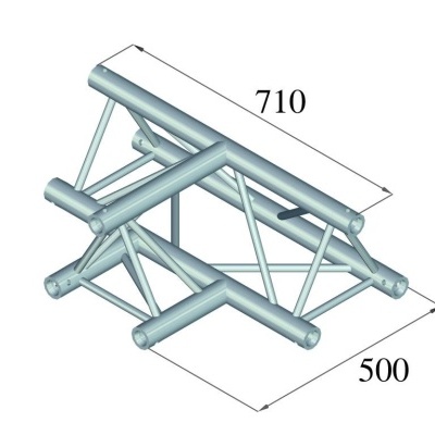Estrutura metálica triangular prateada com tubos oco e dimensões 710x500 mm