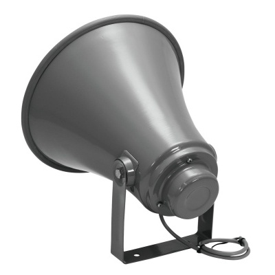 Megafone ou altifalante industrial cinzento com suporte preto e cabo