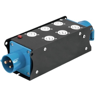 Extensão elétrica industrial metálica preta com tomadas azul