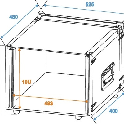 estojo de transporte retangular com alças e dimensões técnicas em milímetros