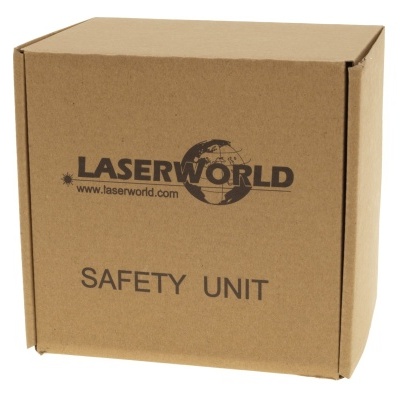 Caixa de cartão castanha com texto LASERWORLD e SAFETY UNIT