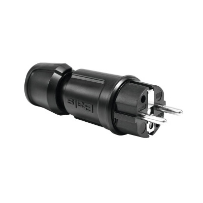 Ficha elétrica preta com três pinos metálicos