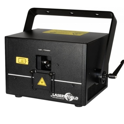 Máquina de laser preta com alça e sinais de alerta