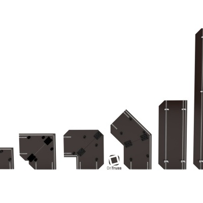 Estruturas modulares de metal pretas com conectores, dispostas em linha sobre fundo branco