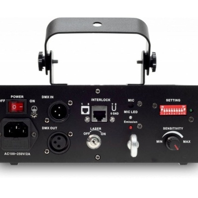 Painel traseiro preto de dispositivo de iluminação com interruptores, conectores DMX, microfone, seletor DIP e botão de sensibilidade