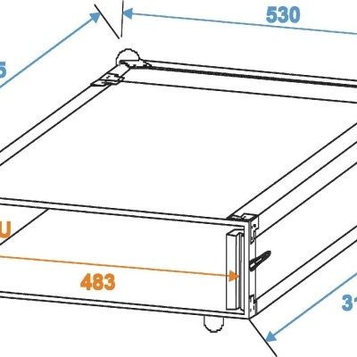 Desenho técnico de prateleira metálica 2U com medidas e dimensões em milímetros