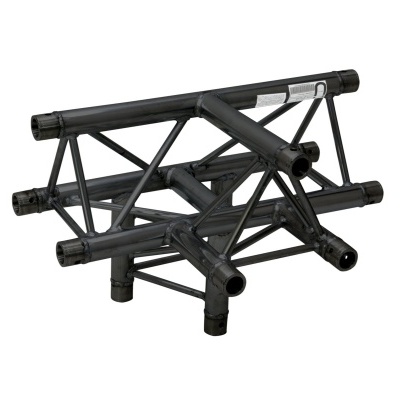 Estrutura metálica preta em forma de treliça com tubos cilíndricos