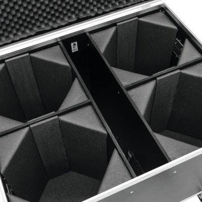 Caixa preta de transporte com interior acolchoado em espuma cinza e quatro compartimentos