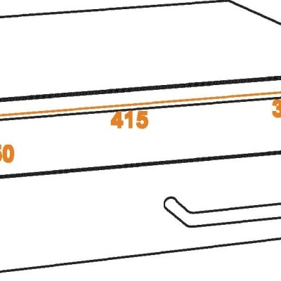 Desenho técnico de gaveta metálica cinza com medidas em milímetros