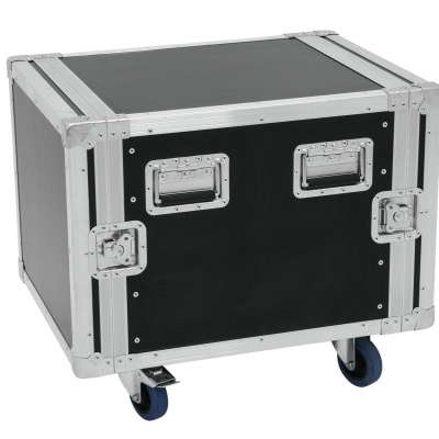 Caixa de transporte preta com armação metálica e rodas azuis