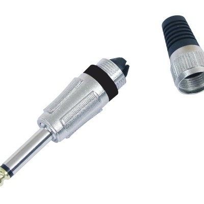 Conector de áudio metálico com pino jack de 6,35 mm e capa preta