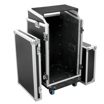 Mala de transporte preta rígida com portas abertas e rodas