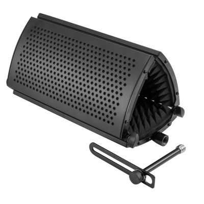 Caixa acústica preta perfurada com suporte preto ao lado