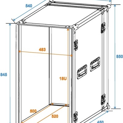 Cubo metálico branco com armação preta e alças, com medidas e marcações internas