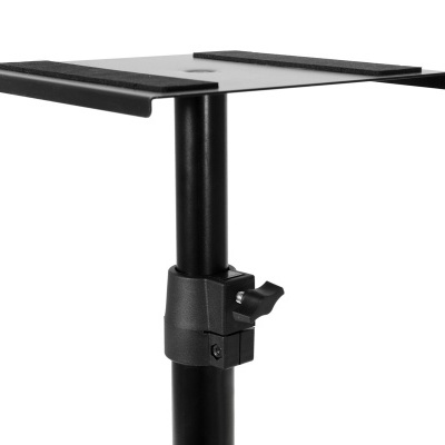 Suporte de metal preto com ajuste e duas superfícies planas horizontais